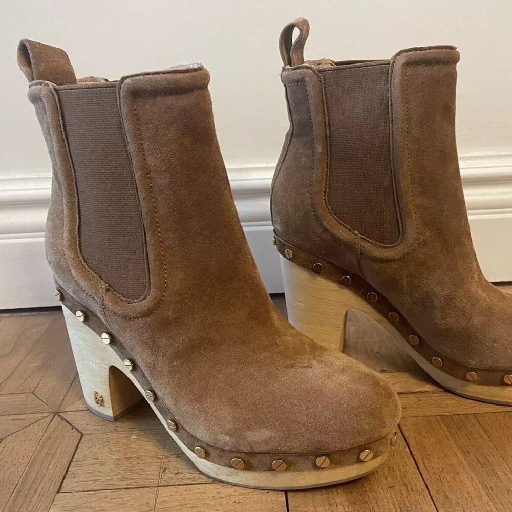 NEW Veronica Beard Decker Hazelwood Brown Suede Wood Clog Platform Boots 5 $450